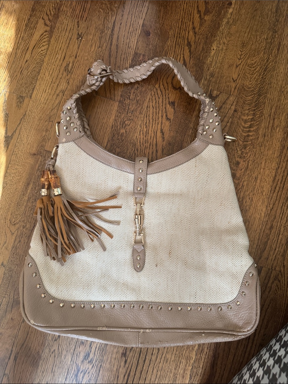 Neutral Beige Canvas and Taupe Leather Shoulder Hobo Bag with Tassel